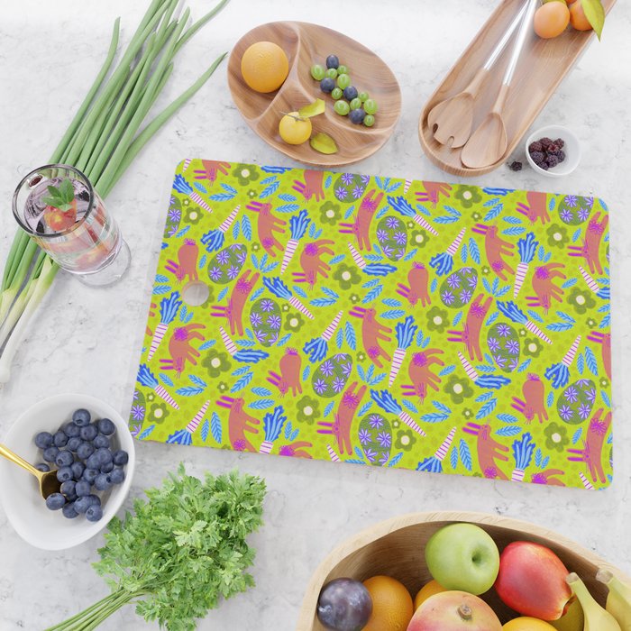 Happy Colorful Rabbits & Decorative Eggs in Chartreuse & Pink Cutting Board Gallery Image 2