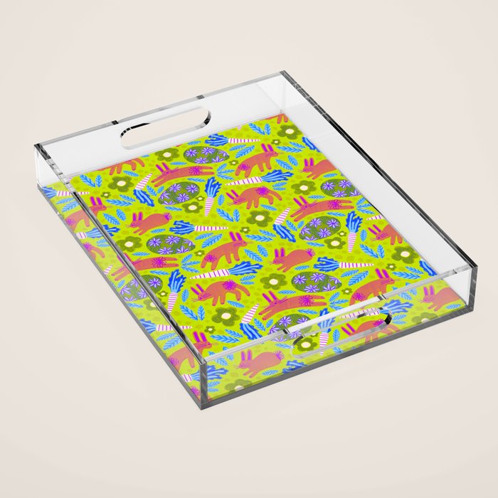 Happy Colorful Rabbits & Decorative Eggs in Chartreuse & Pink Acrylic Tray Gallery Image 1