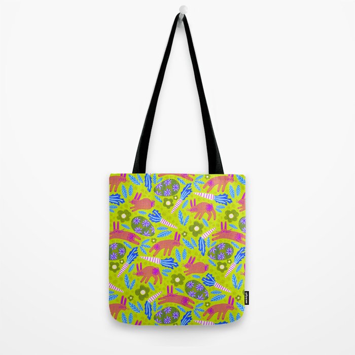 Happy Colorful Rabbits & Decorative Eggs in Chartreuse & Pink Tote Bag Gallery Image 2