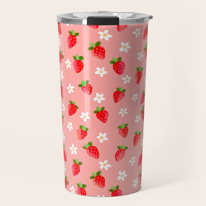Strawberry Pattern- Pink Background Travel Mug Gallery Image 1