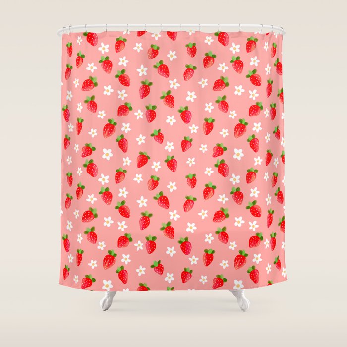 Strawberry Pattern- Pink Background Shower Curtain Gallery Image 1