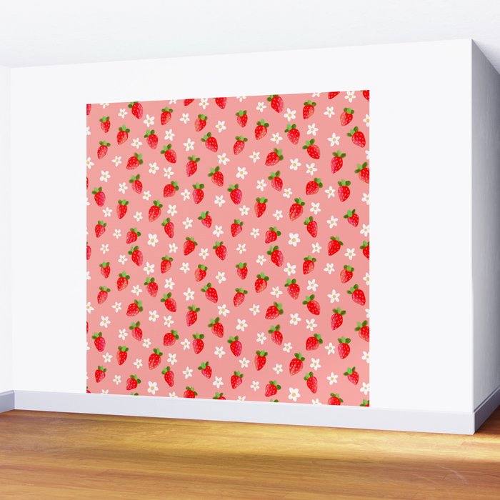 Strawberry Pattern- Pink Background Wall Mural Gallery Image 2
