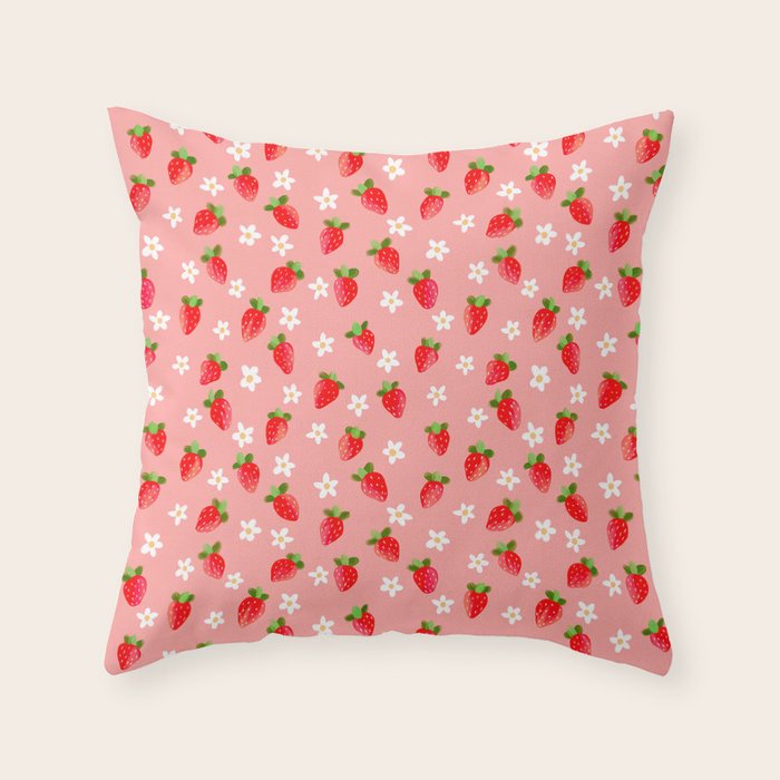 Strawberry Pattern- Pink Background Throw Pillow Gallery Image 1