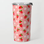 Strawberry Pattern- Pink Background Travel Mug Gallery Image 2