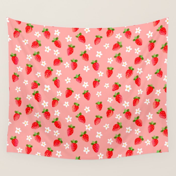 Strawberry Pattern- Pink Background Wall Tapestry Gallery Image 1