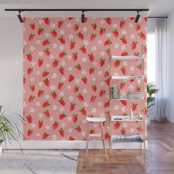 Strawberry Pattern- Pink Background Wall Mural Gallery Image 1