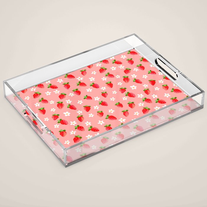 Strawberry Pattern- Pink Background Acrylic Tray Gallery Image 1