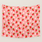 Strawberry Pattern- Pink Background Wall Tapestry Gallery Image 4