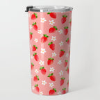 Strawberry Pattern- Pink Background Travel Mug Gallery Image 3