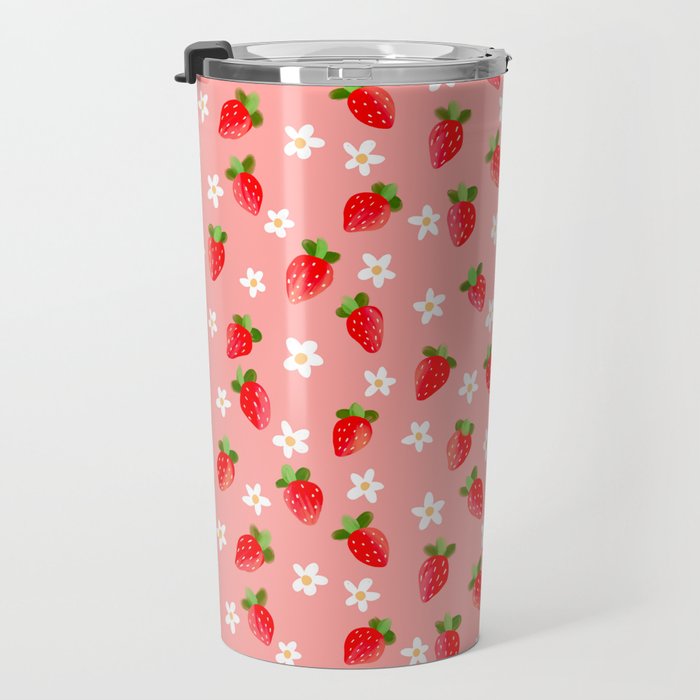 Strawberry Pattern- Pink Background Travel Mug Gallery Image 3