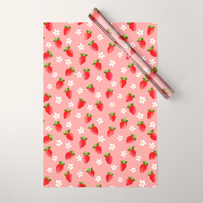 Strawberry Pattern- Pink Background Wrapping Paper Gallery Image 1