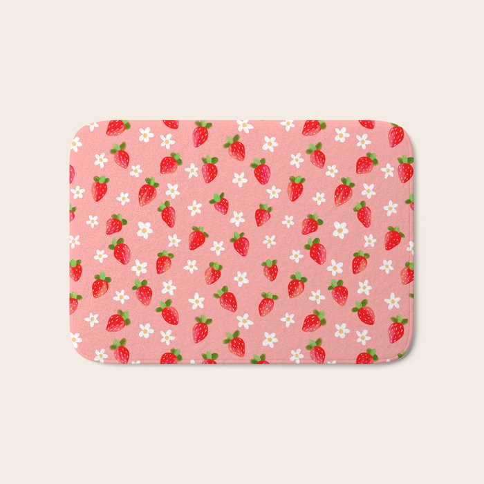 Strawberry Pattern- Pink Background Bath Mat Gallery Image 1