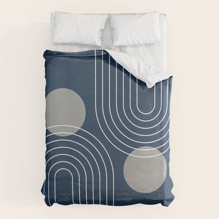 Mid Century Modern Geometric 106 in Navy Blue and Grey (Rainbow and Sun Abstraction) Duvet Cover Gallery Image 1