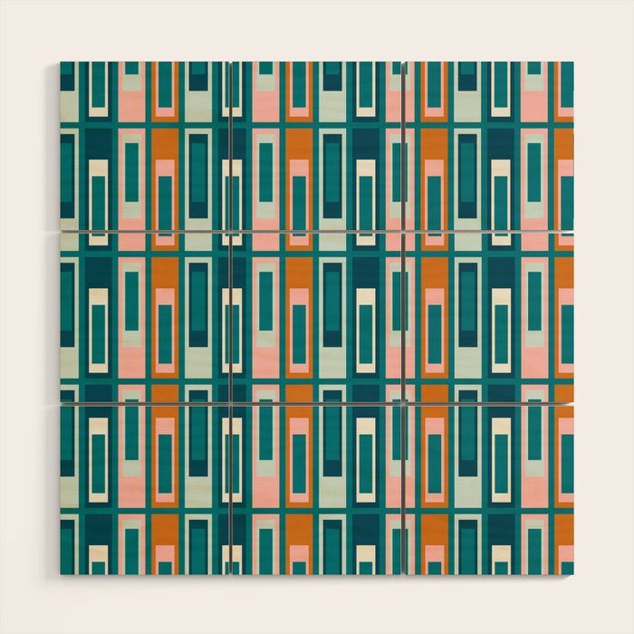 Mid Century Modern Geometric Lexington Ave Pattern in Teal Ochre Pink Wood Wall Art Gallery Image 1