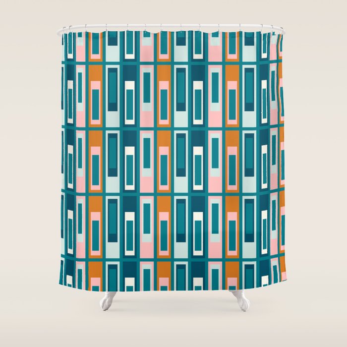 Mid Century Modern Geometric Lexington Ave Pattern in Teal Ochre Pink Shower Curtain Gallery Image 1