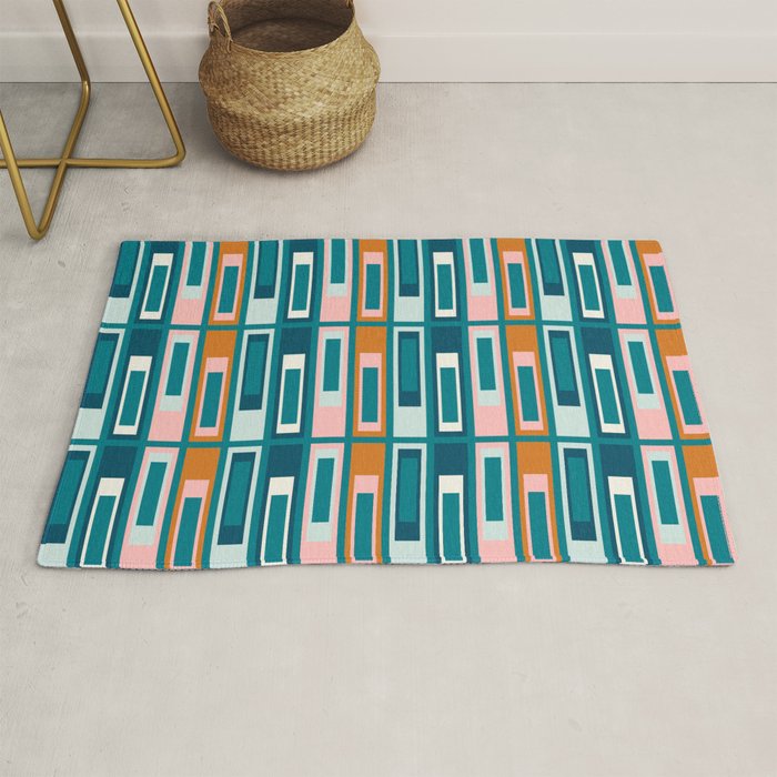 Mid Century Modern Geometric Lexington Ave Pattern in Teal Ochre Pink Rug Gallery Image 1