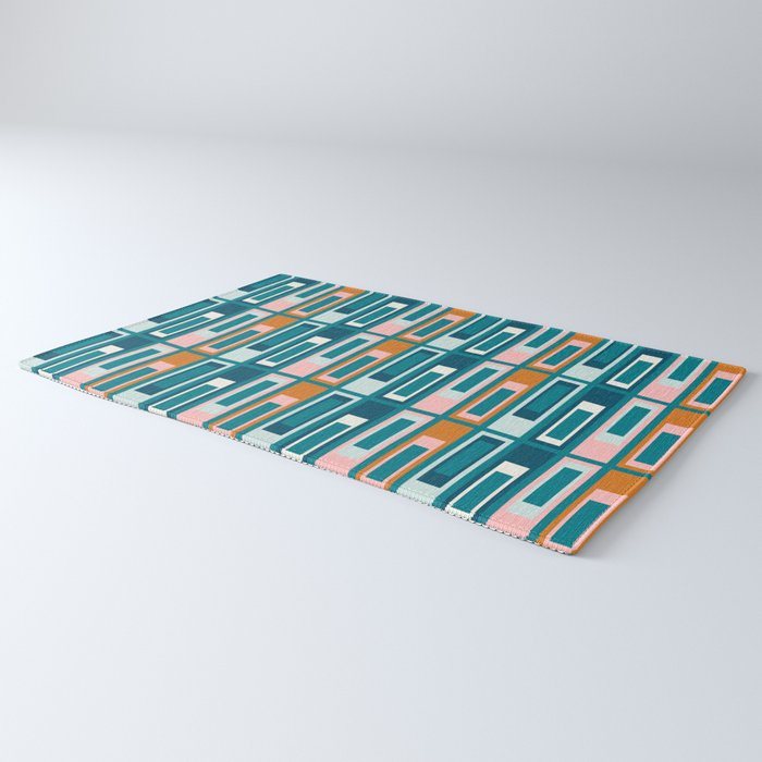Mid Century Modern Geometric Lexington Ave Pattern in Teal Ochre Pink Rug Gallery Image 3