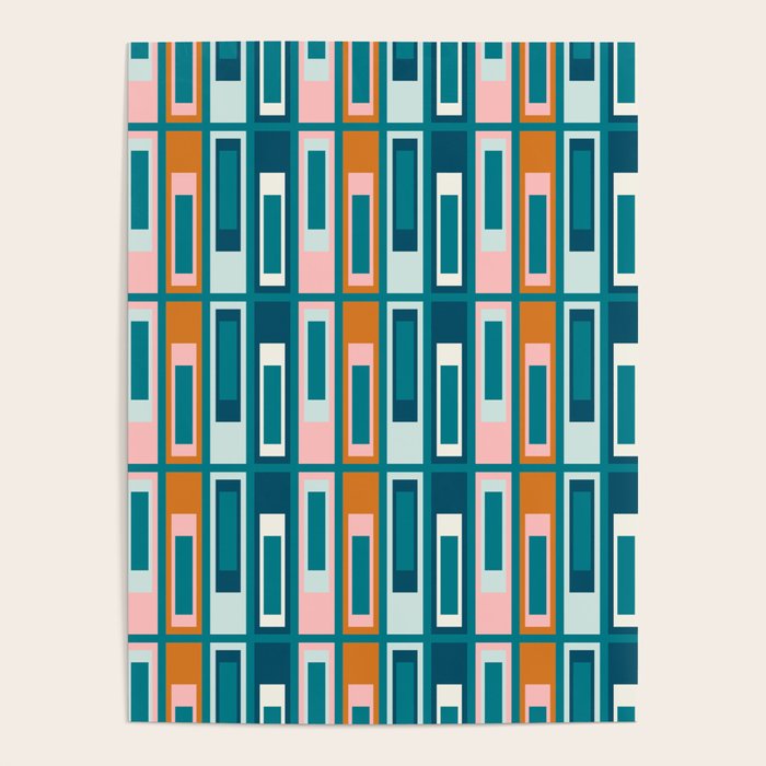 Mid Century Modern Geometric Lexington Ave Pattern in Teal Ochre Pink ...