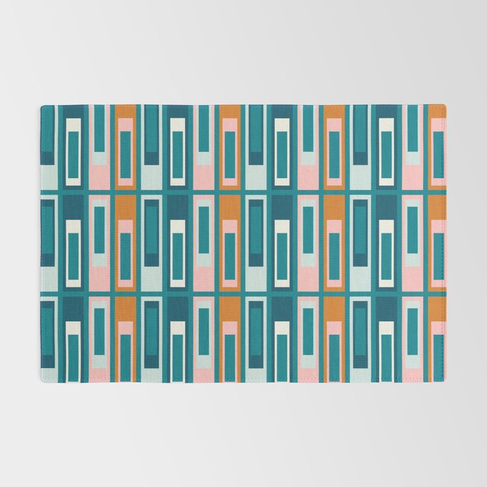 Mid Century Modern Geometric Lexington Ave Pattern in Teal Ochre Pink Rug Gallery Image 2