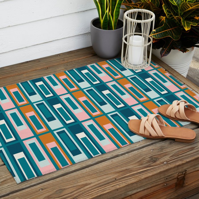 Mid Century Modern Geometric Lexington Ave Pattern in Teal Ochre Pink Outdoor Rug Gallery Image 2