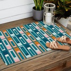 Mid Century Modern Geometric Lexington Ave Pattern in Teal Ochre Pink Outdoor Rug Gallery Image 2