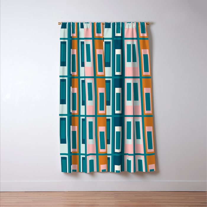 Mid Century Modern Geometric Lexington Ave Pattern in Teal Ochre Pink Window Curtain Gallery Image 3