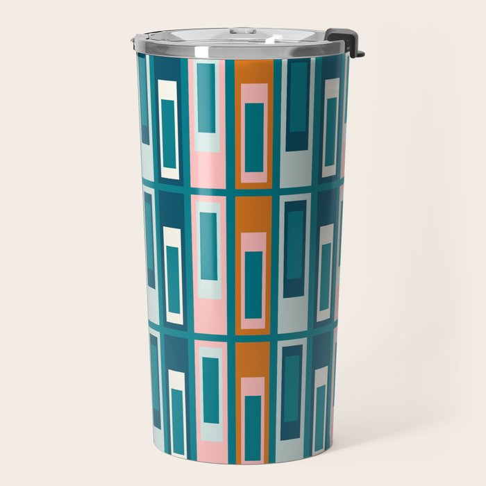 Mid Century Modern Geometric Lexington Ave Pattern in Teal Ochre Pink Travel Mug Gallery Image 2