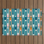 Mid Century Modern Geometric Lexington Ave Pattern in Teal Ochre Pink Outdoor Rug Gallery Image 1