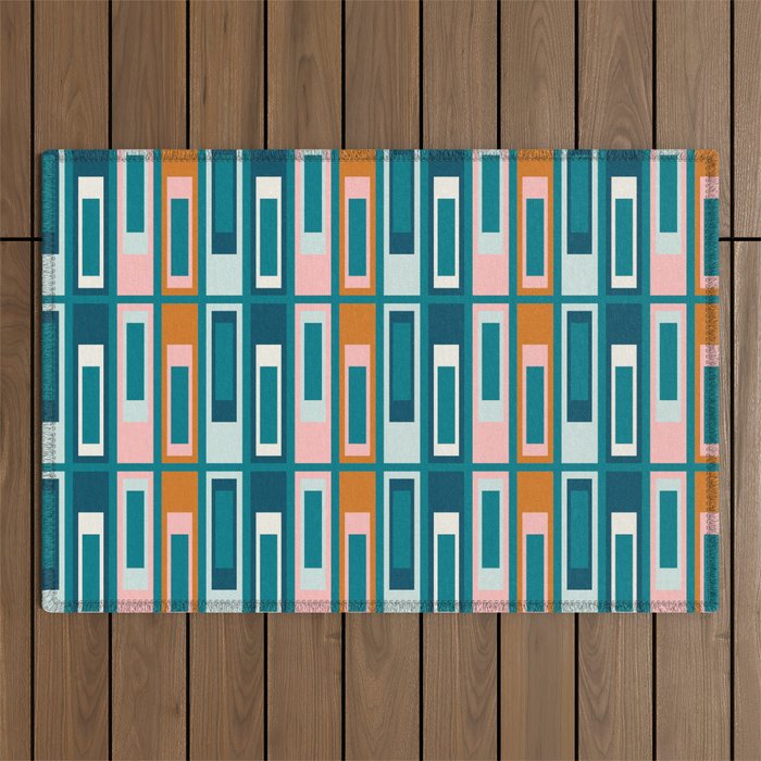 Mid Century Modern Geometric Lexington Ave Pattern in Teal Ochre Pink Outdoor Rug Gallery Image 1