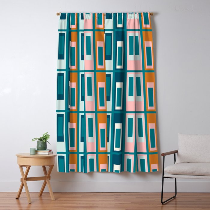 Mid Century Modern Geometric Lexington Ave Pattern in Teal Ochre Pink Window Curtain Gallery Image 5
