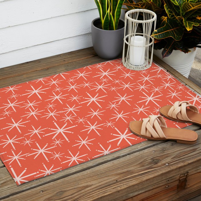 Midcentury Mod Retro Starbursts in Blush and Coral Orange  Outdoor Rug Gallery Image 2