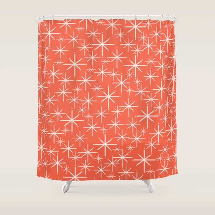 Midcentury Mod Retro Starbursts in Blush and Coral Orange  Shower Curtain Gallery Image 1
