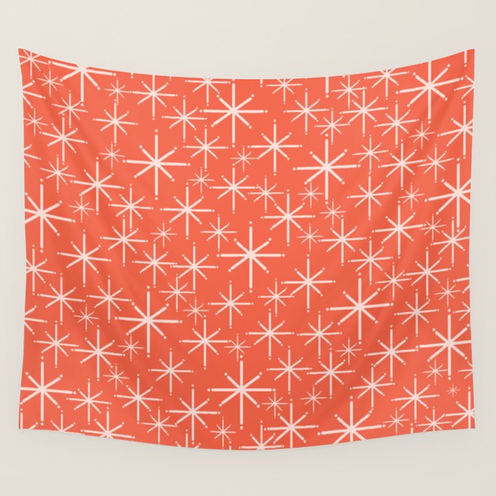 Midcentury Mod Retro Starbursts in Blush and Coral Orange  Wall Tapestry Gallery Image 1
