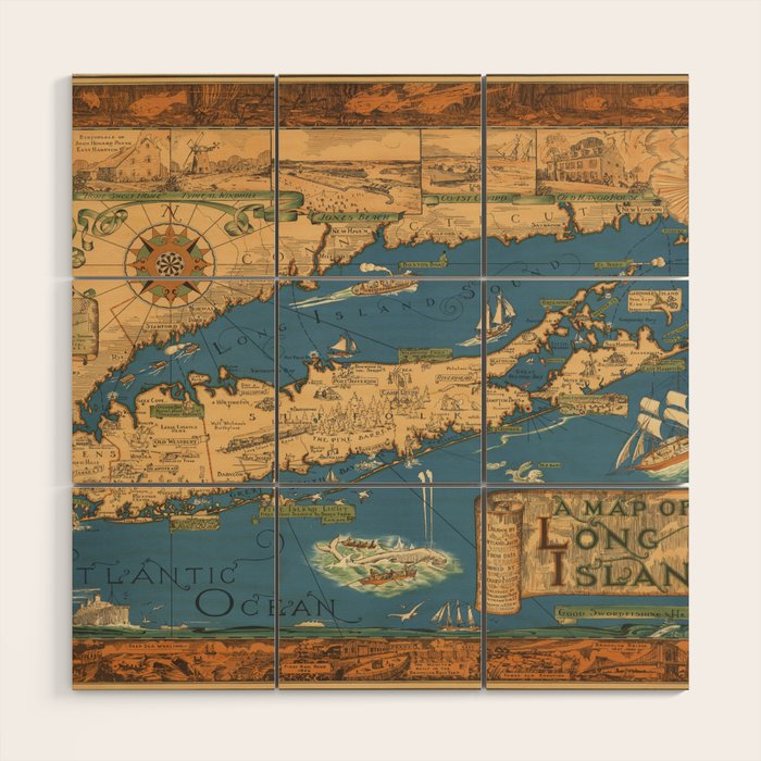 Long Island map.-Vintage Pictorial Map Wood Wall Art Gallery Image 1