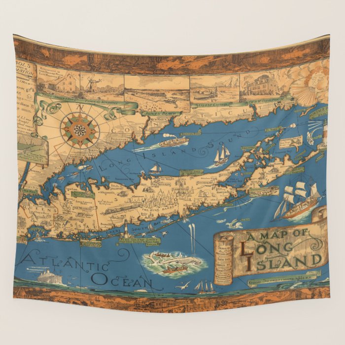 Long Island map.-Vintage Pictorial Map Wall Tapestry Gallery Image 4