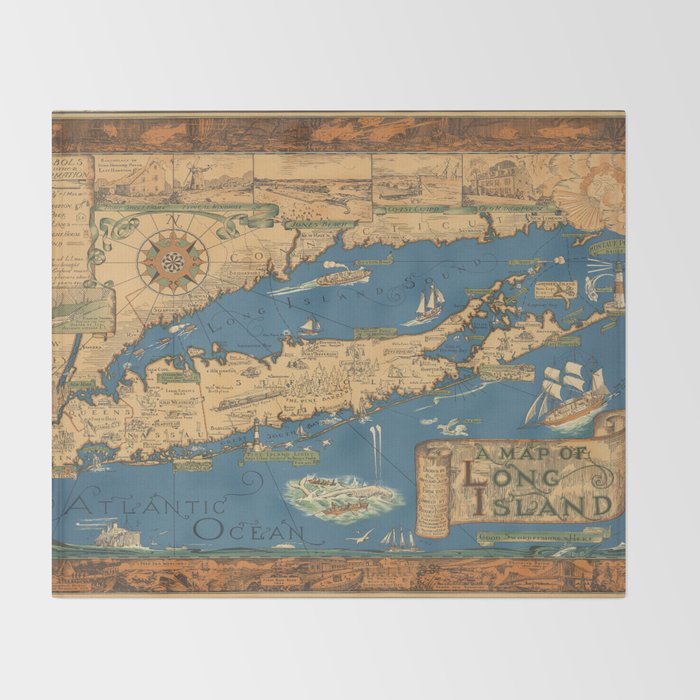 Long Island map.-Vintage Pictorial Map Throw Blanket Gallery Image 2