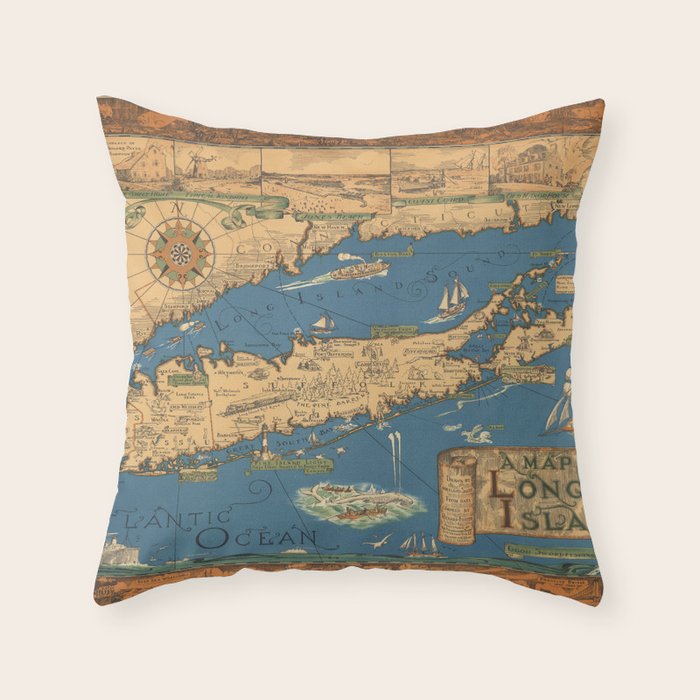 Long Island map.-Vintage Pictorial Map Throw Pillow Gallery Image 6