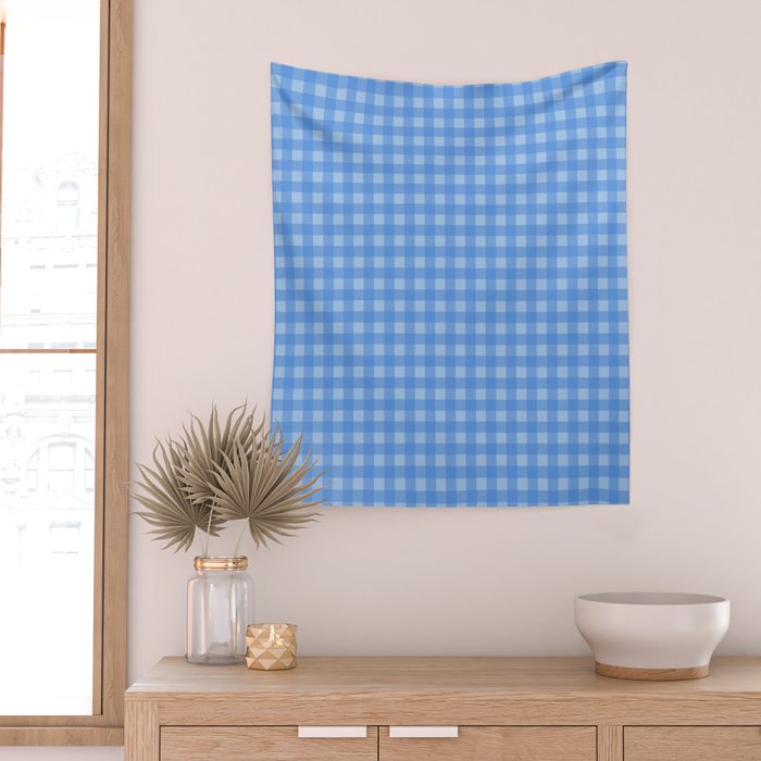 Gingham Check Pattern in Double Light Blue Wall Tapestry Gallery Image 2