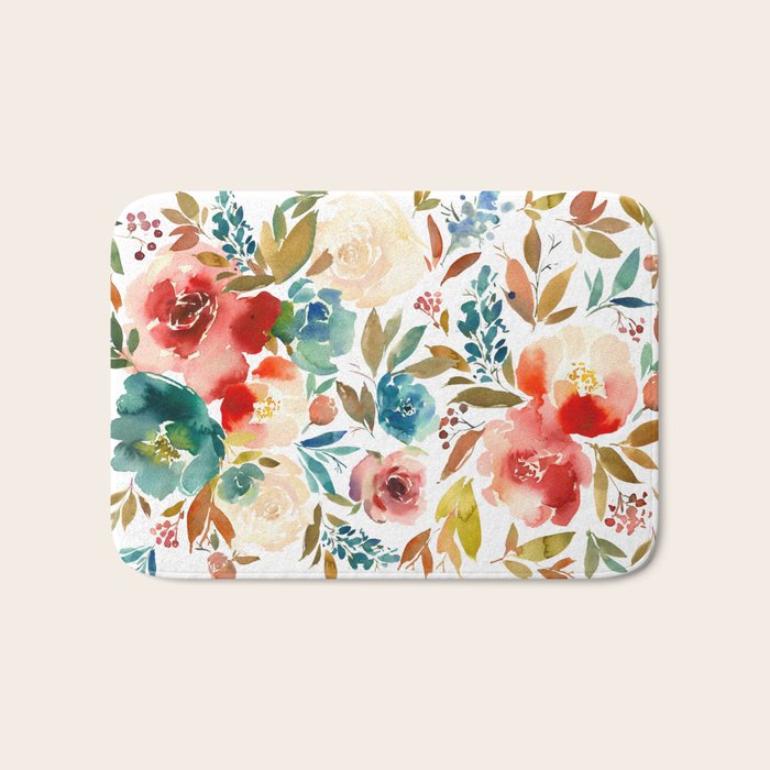 Red Turquoise Teal Floral Watercolor Bath Mat Gallery Image 1