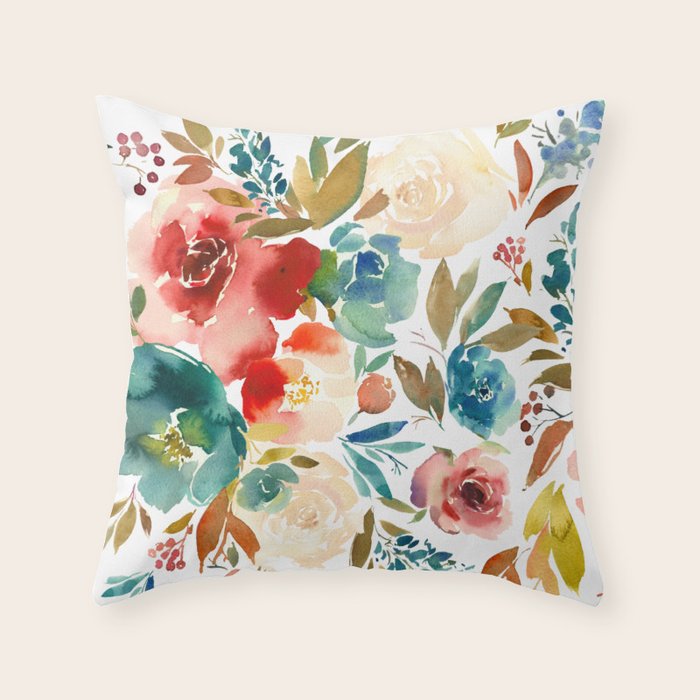 Red Turquoise Teal Floral Watercolor Throw Pillow Gallery Image 6