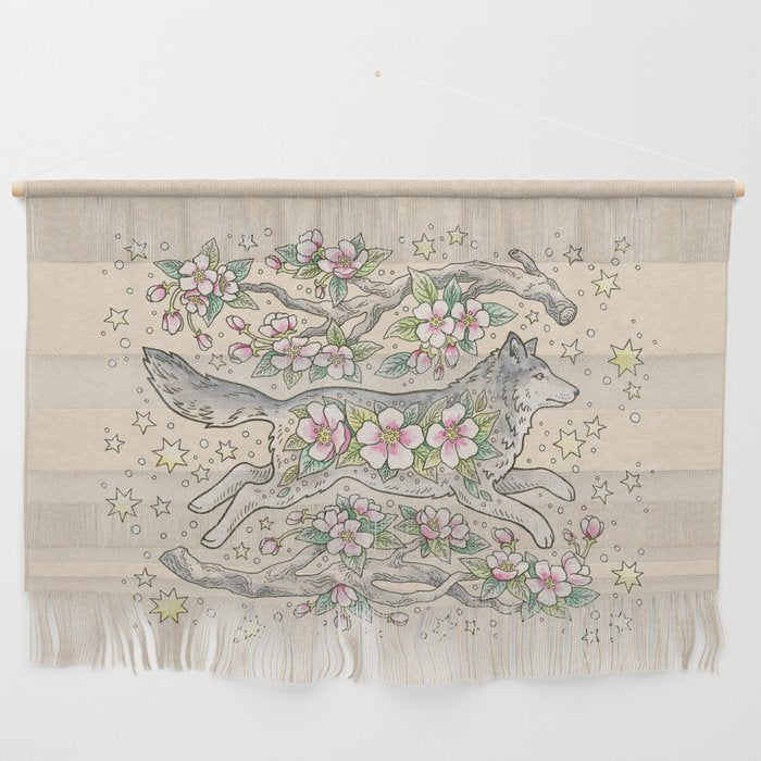 Wolf & Wild Apple Blossoms | Botanical Animal Art Wall Hanging