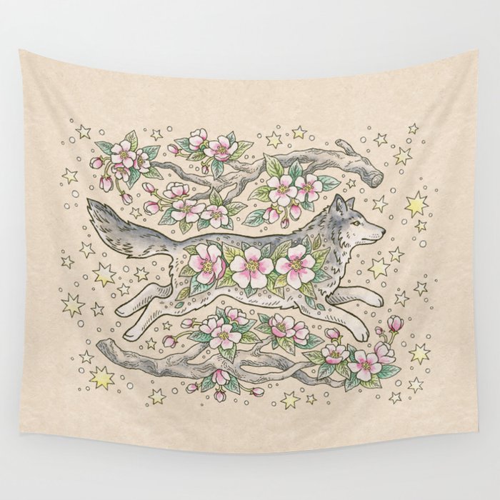 Wolf & Wild Apple Blossoms | Botanical Animal Art Wall Tapestry Gallery Image 4