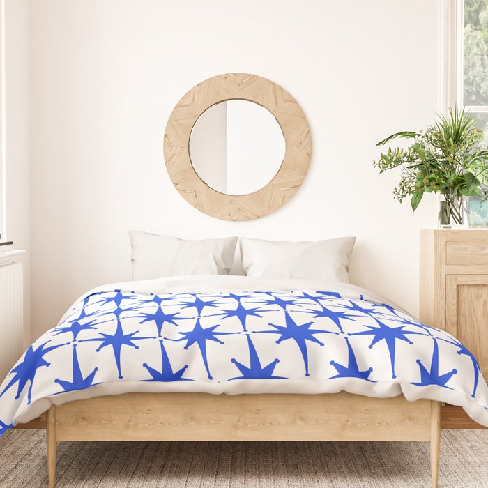 Mid Century Modern Atomic Age Starburst Stars Pattern Royal Blue and White Duvet Cover Gallery Image 3