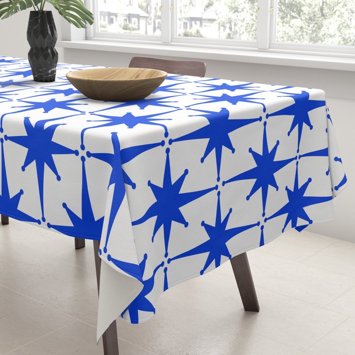 Mid Century Modern Atomic Age Starburst Stars Pattern Royal Blue and White Tablecloth Gallery Image 3