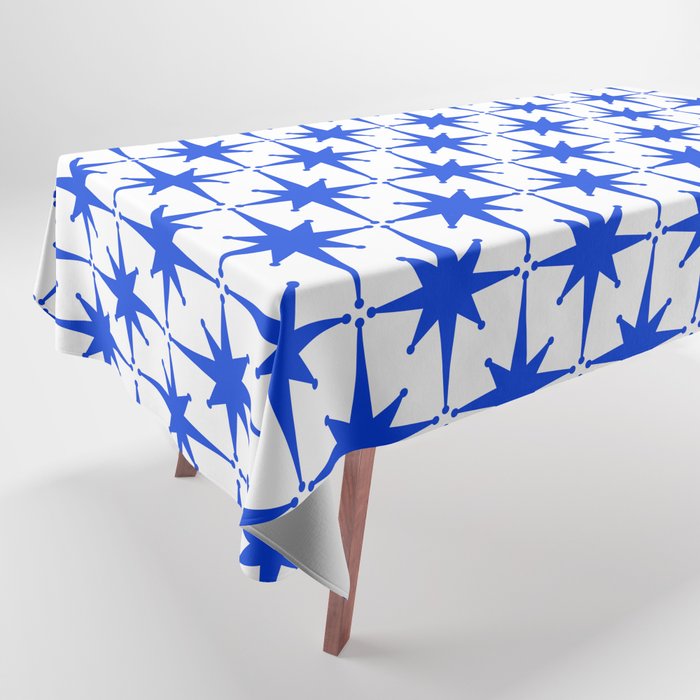 Mid Century Modern Atomic Age Starburst Stars Pattern Royal Blue and White Tablecloth Gallery Image 1