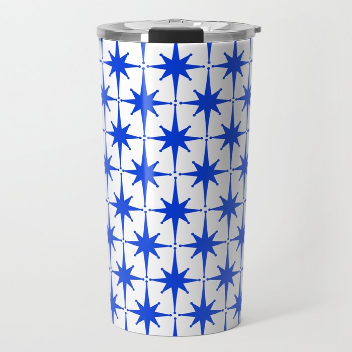 Mid Century Modern Atomic Age Starburst Stars Pattern Royal Blue and White Travel Mug Gallery Image 1