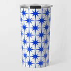 Mid Century Modern Atomic Age Starburst Stars Pattern Royal Blue and White Travel Mug Gallery Image 1