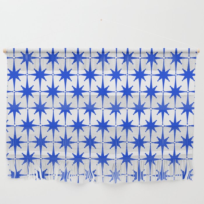 Mid Century Modern Atomic Age Starburst Stars Pattern Royal Blue and White Wall Hanging Gallery Image 1