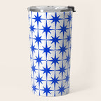 Mid Century Modern Atomic Age Starburst Stars Pattern Royal Blue and White Travel Mug Gallery Image 2