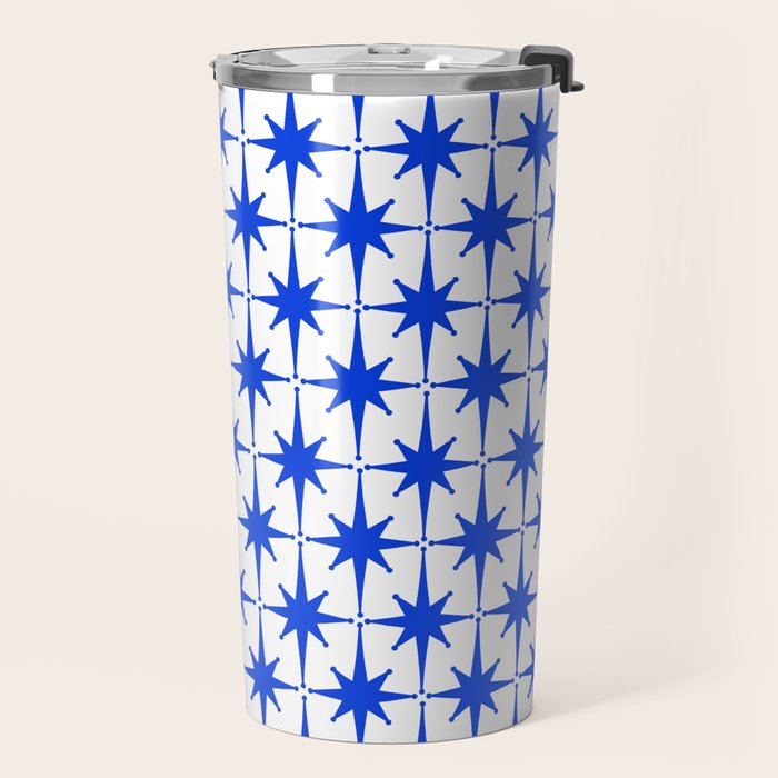Mid Century Modern Atomic Age Starburst Stars Pattern Royal Blue and White Travel Mug Gallery Image 2